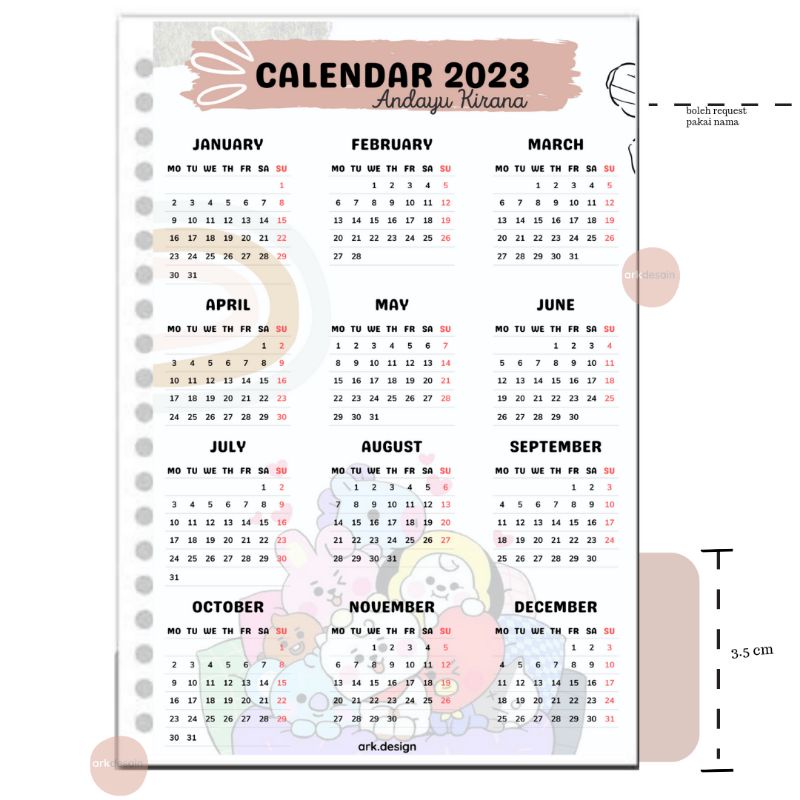 

Kalender Calender 2025 Aesthetic - Kpop BT21 BTS Devider Pembatas Binder - Custom Nama