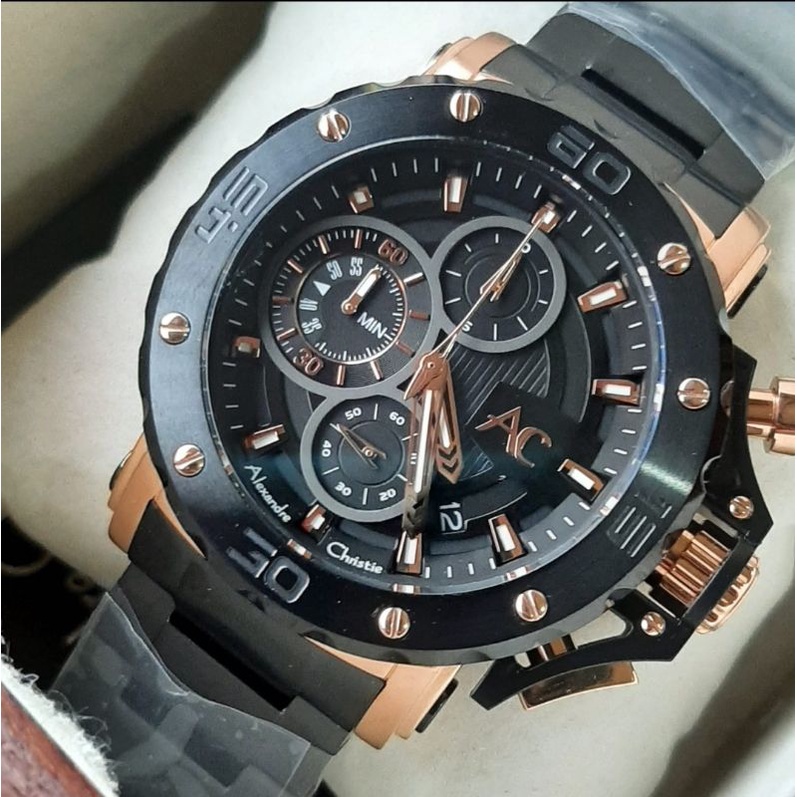 Alexandre Christie Original Elegan Sporty Terlaris ac 9205 mc BRG Black Rose Gold