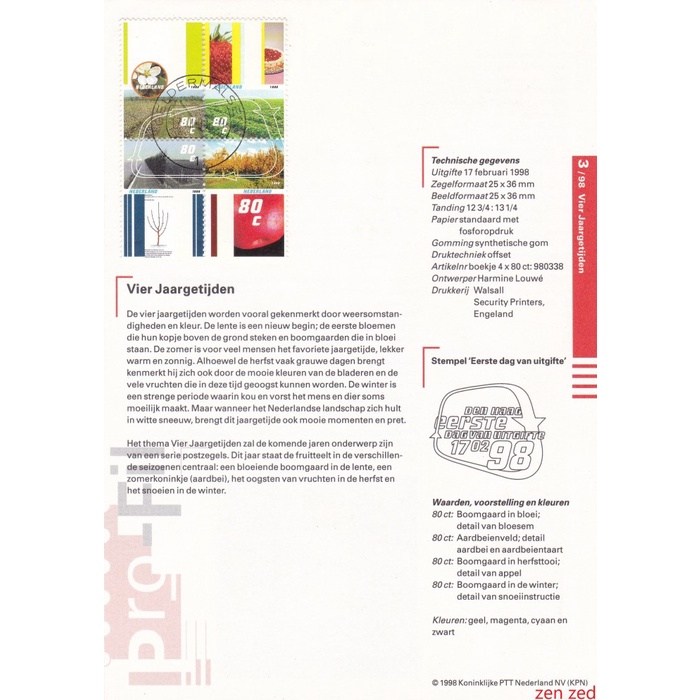 

A285 Prangko Info Page Belanda 1998 The Seasons 1 Pcs