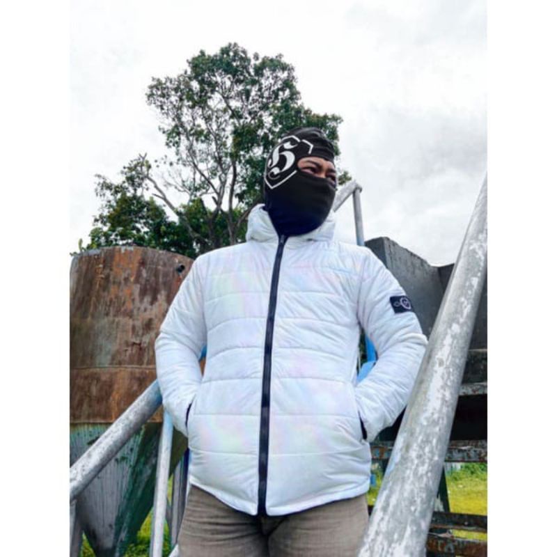 Jaket puffer putih hologram noise jaket gelembung hologram putih