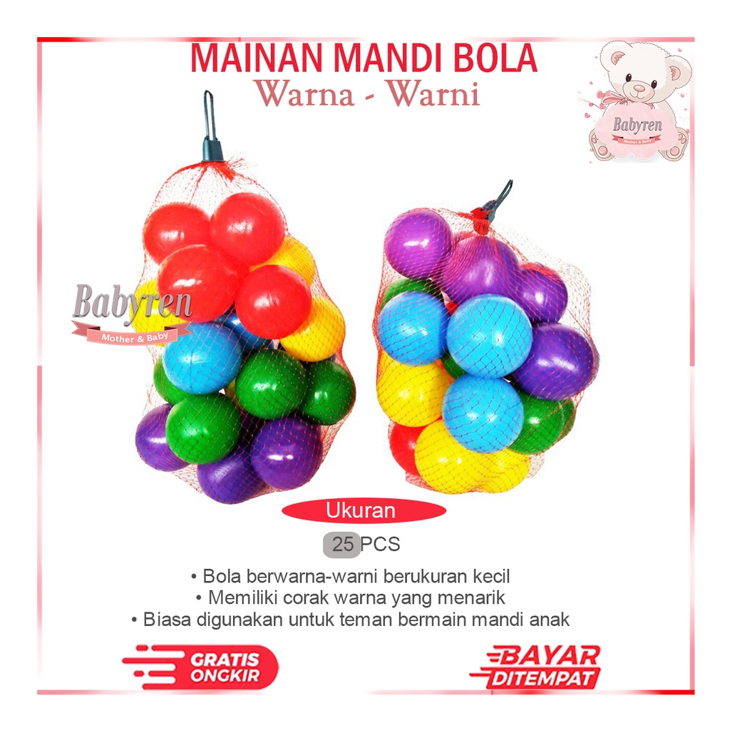 Babyren Mainan Mandi Plastik Bola Isi 25 Pcs / Mainan Edukasi Anak / Bola Warna-warni / Bola Kecil B
