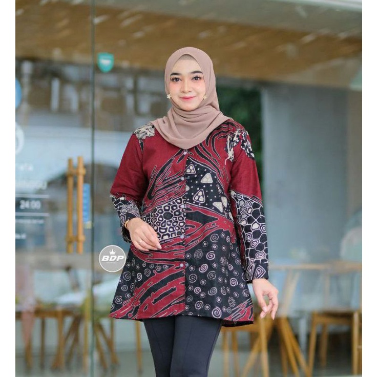 BLOUSE BATIK ATASAN BAJU BATIK WANITA KERJA WARNA MERAH LENGAN PANJANG BIG SIZE JUMBO XXL LD 112 cm 