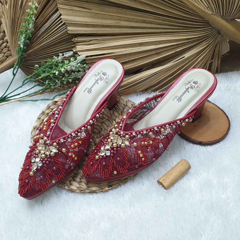 sepatu wedding Alena maroon payet mix gold 7cm