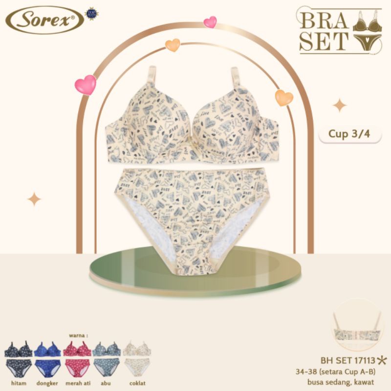 Sorex bra set 17113 BH+celana dalam, busa sedang kawat, cup 3/4( A to B) 34-38