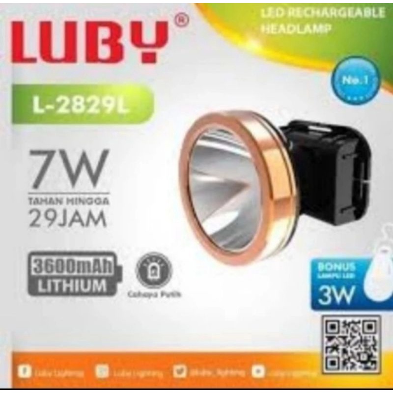 Senter Kepala Luby L-2829L L2829K Kuning Putih 7 Watt Free Lampu LED