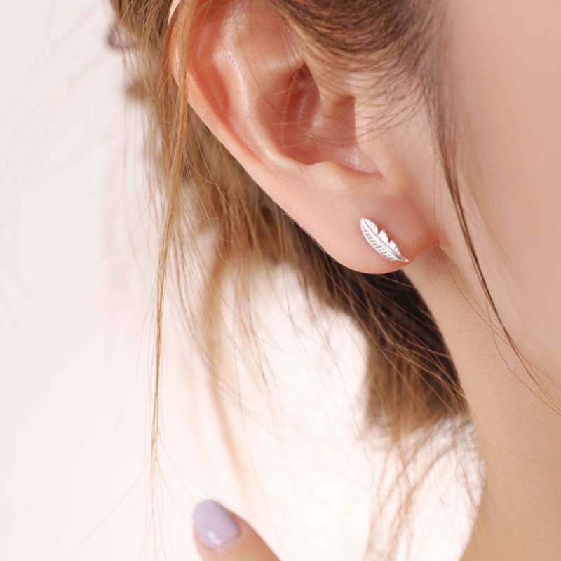 Roselife1 Pasang S925 Perak Bulu Kecil Daun Stud Anting Untuk Wanita Perempuan Hypoallergenic Lucu Leaves Earring Pick Free Daily Wear Ear Jewelry