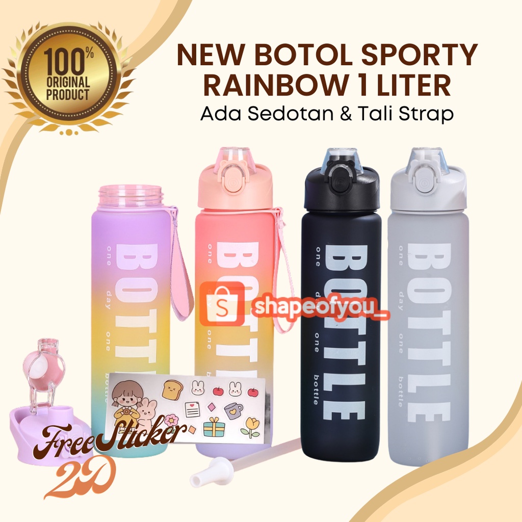 Botol Minum 1 Liter New Botol Viral Rainbow Korea Sporty Free Sticker 2D Premium Sedotan Tali Strap Hitam Pink