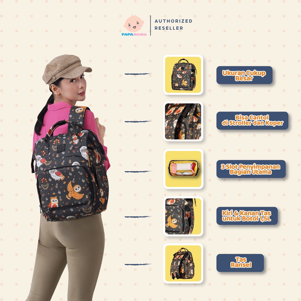 PapaMama Backpack Pattern  - Tas Perlengkapan Bayi - Water Repellent Fabric - Night Owl 1034