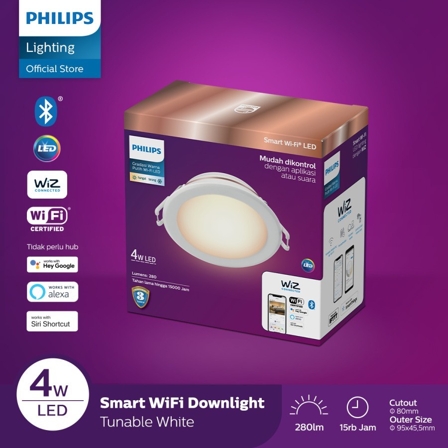 PHILIPS DOWNLIGHT WIFI 4W LED DOWNLIGHT BLUETOOTH SERIES TUNABLE WHITE APP WIZ LAMPU BOHLAM BULB HIAS PLAFON SNI  GOGGLE ASSISTANT SMART HOME LIGHT