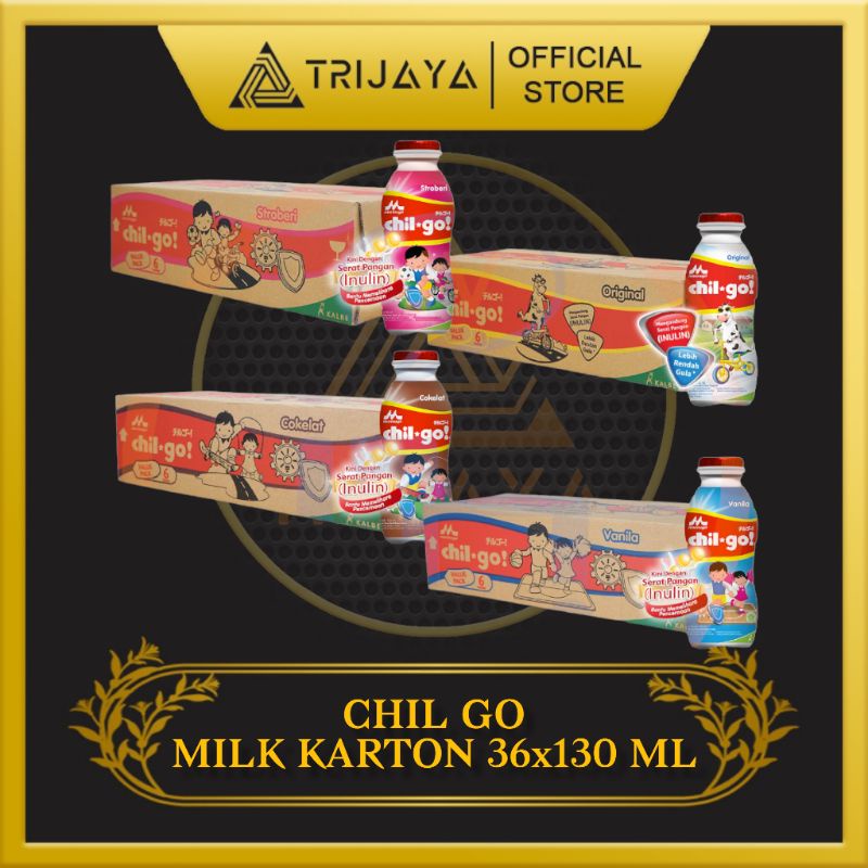 

CHIL GO MILK KARTON / CHILGO MILK BOTOL DUS ( ISI 36 X 130 ML ) RASA VANILA / COKELAT / STROBERI / ORIGINAL