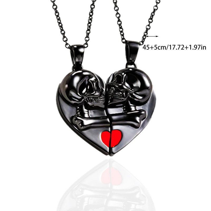 2pcs/set Liontin Tengkorak Batu Fashion Pria Gaya Punk Retro Magnetik Splicing Cinta Tengkorak Hip Hop Pasangan Kalung