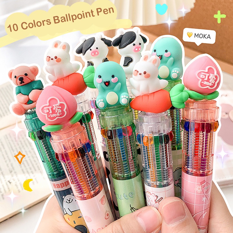 Random Serba 10warna Plastik Kartun Lucu Kawaii Animal Bolpoin Alat Tulis Multi Warna Tulisan Press Rollerball Pen Sekolah Perlengkapan Kantor Hadiah Isi Ulang Warna-Warni