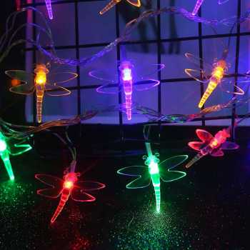 Lampu Hias Gantung Bentuk Capung Dragonfly Untuk Dekorasi Pohon Natal Tahun Baru Pesta Ulang Tahun Pernikahan Taman Rumah 20 Led Solar Panel Tenaga Matahari 5M / Lampu Gantung Warna Warni Estetik Waterproof Tahan Air / Lampu Hias Dekorasi Indoor Outdoor