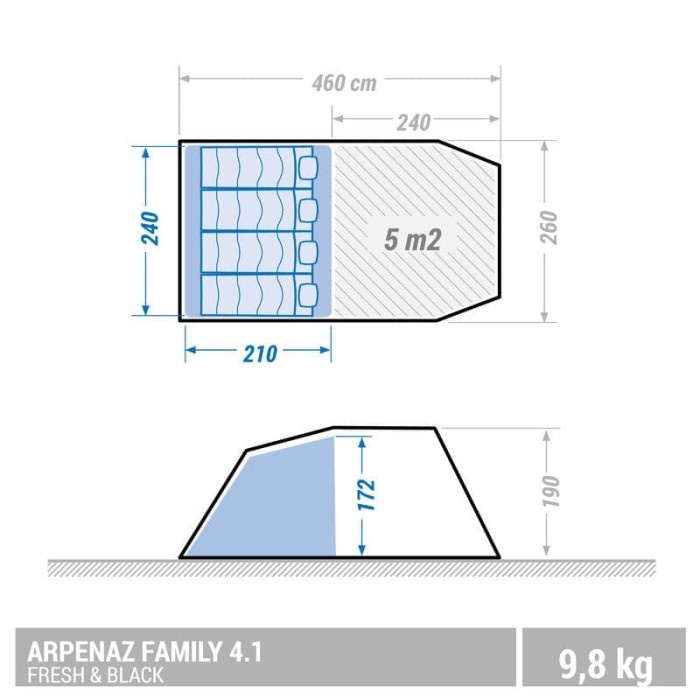 QUECHUA Arpenaz 4.1 Fresh &amp; Black Tenda Camping 4 Orang 1 Kamar Original