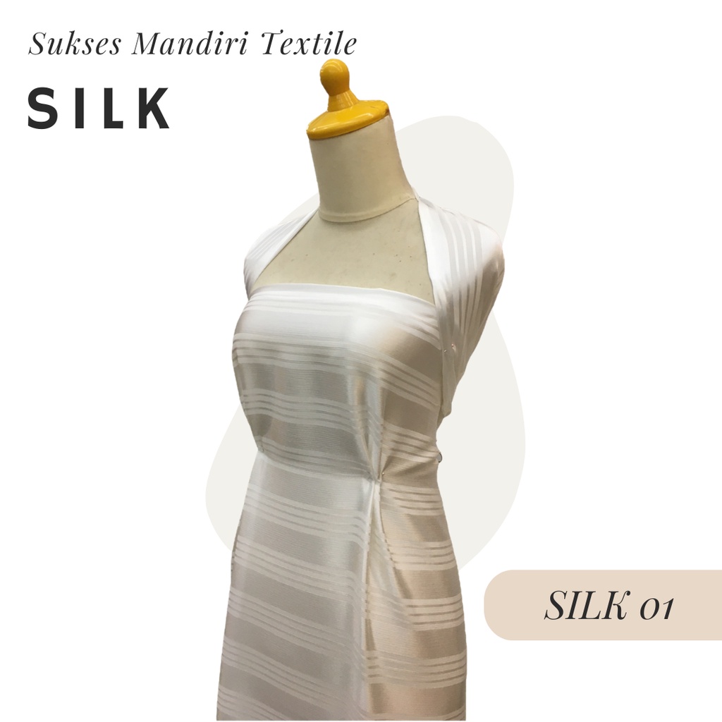 [Silk 01] Bahan Kain Silk / Kain Satin Sutra Warna Putih Motif Garis | Lebar = 150cm, Harga Tercantu