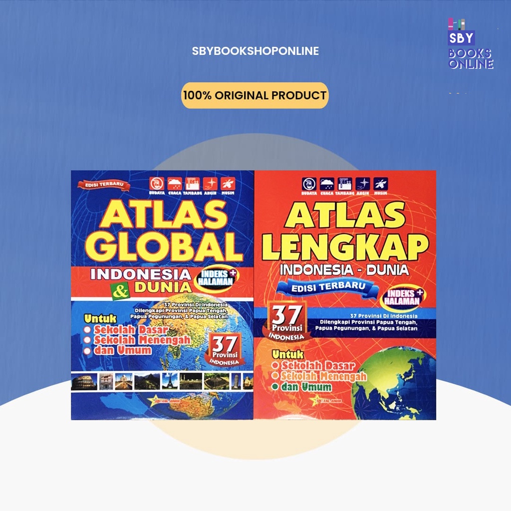 Buku ATLAS Global Edisi Terbaru 37 Provinsi Ukuran Besar 22,5 cm x 31 cm Kertas HVS Atlas + Index Ha
