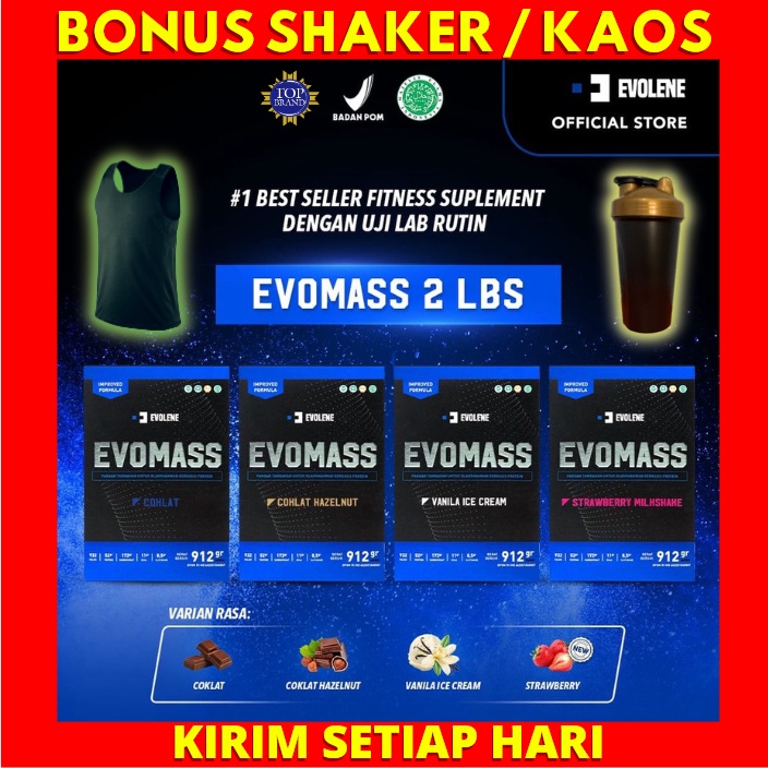 EVO MASS 2 LBS 912GR GAINER  BPOM HALAL EVOMASS GRAM EVOLENE EVOMAS MAS SUSU PROTEIN COKLAT HAZELNUT EVOLIN EVOLINE VANILA VANILLA ICE CREAM GAINER PENAMBAH BERAT BADAN PENGGEMUK