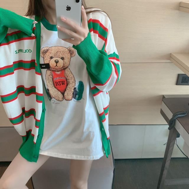 Suhao Es Sutra Rajutan Sweater One-Piece Bergaris Musim Panas Tabir Surya Kemeja Versi Korea Bagian Tipis dengan AC Kemeja Wanita Cardigan Top