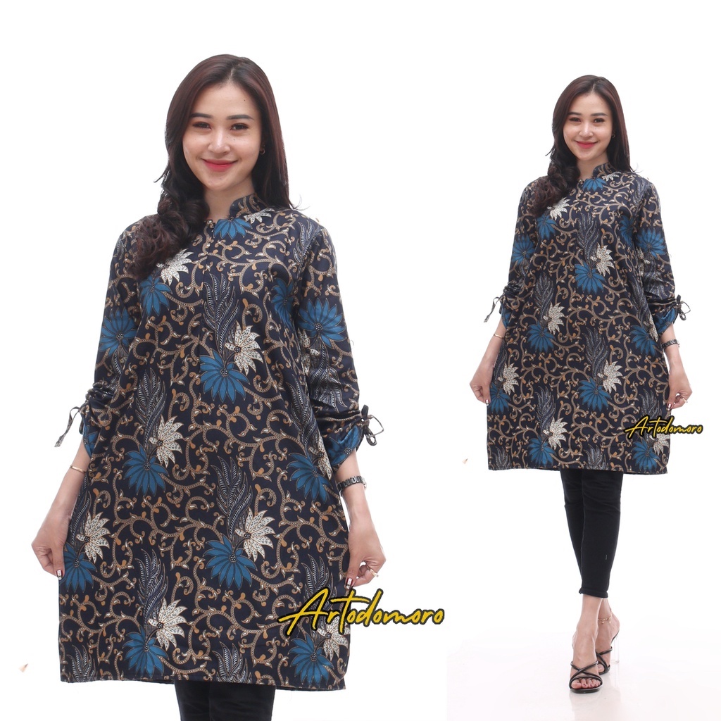 Artodomoro Tunik Batik Wanita Lengan Serut Motif Kembang Langit Biru