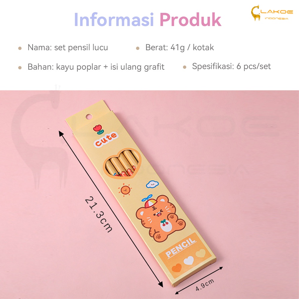 6PCS pensil tulis motif lucu pensil sekolah set HB