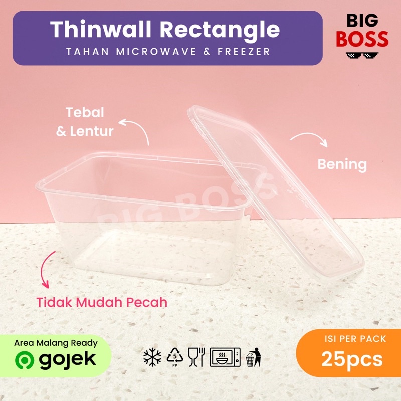 [ISI 25PCS] Thinwall Rectangle 500ml 650ml 750ml 1000ml / Kotak Makan Plastik Rectangle / Thinwall Plastik