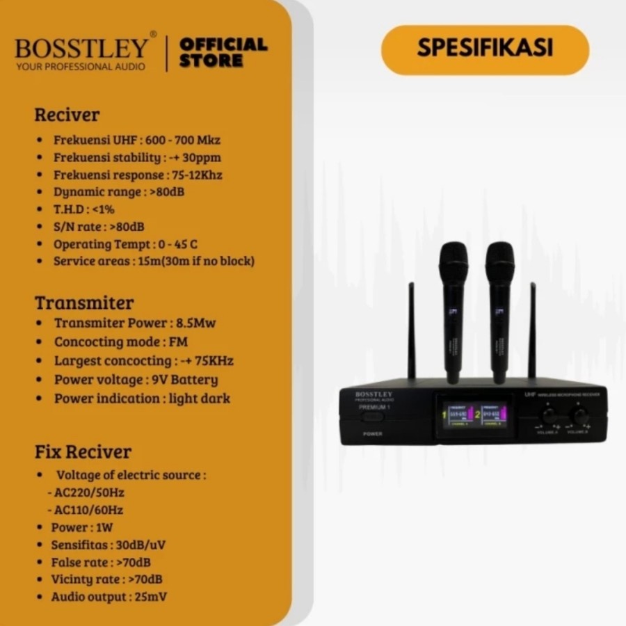 Mic wireless bosstley premium1 original microphone uhf premium 1