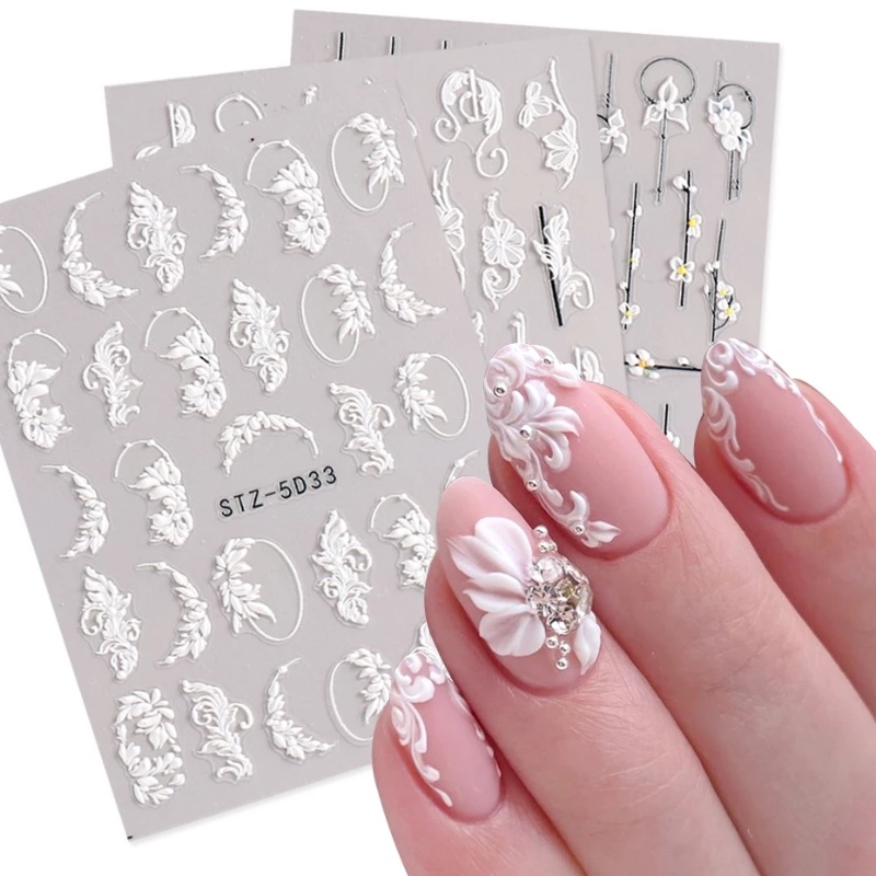 5d Bunga Putih Stiker Kuku Desain Pernikahan Sederhana Salju Timbul Perekat Diri Manicure Slider DIY Kuku Decals Accesories