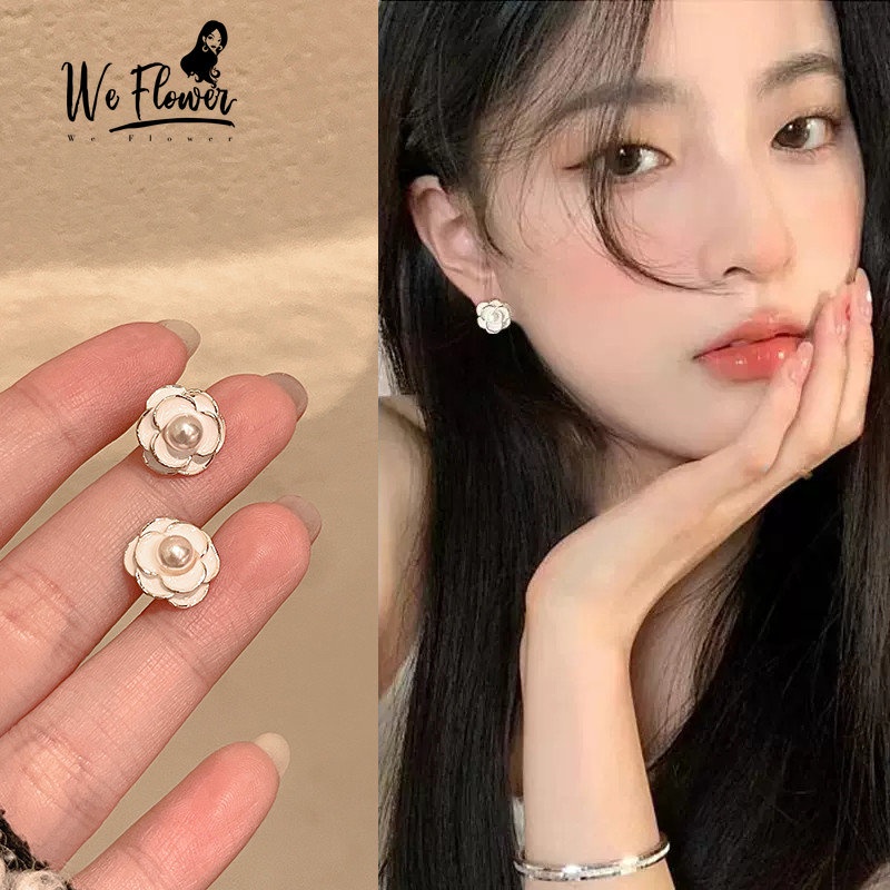 We Flower Elegan Mutiara Camellia Anting Tusuk Untuk Wanita Gadis Korea Fashion Putih Bunga Earring Pesta Pertunangan Telinga Perhiasan