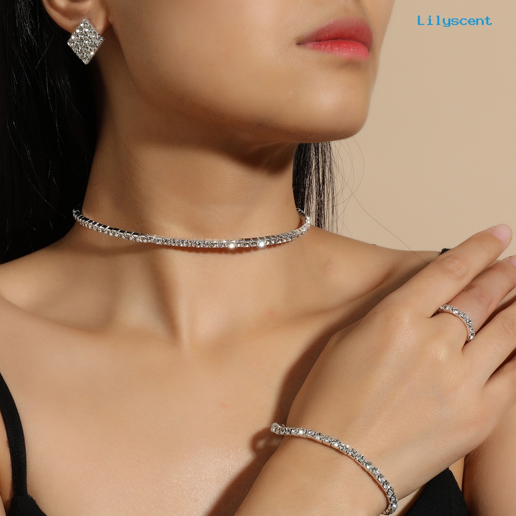 [LS] 4pcs/set Rantai Ekstensi Kalung Anting Gelang Cincin Adjustable Multi Baris Berlian Imitasi Penuh Wanita Choker Kalung Set Perhiasan Aksesori