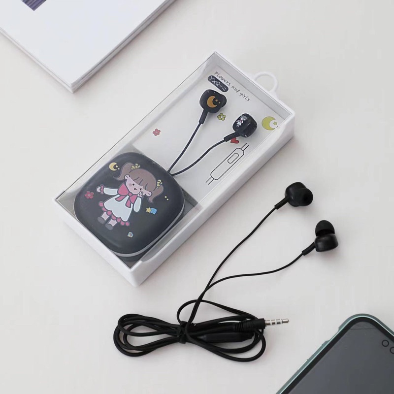 [ YXQ-2 ] Set Headset Earphone karakter motif Flowers series and Girls  LUCU plus + Wadah KOTAK Earphone Motif seri YXQ-2