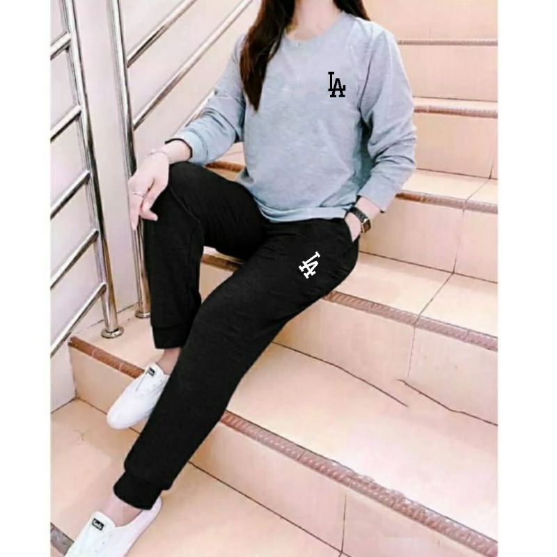 Setelan Wanita One Set LA Lengan panjang+celana jogger keren dan Trendy adem