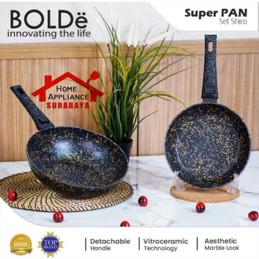 BOLDe Super Pan Shiro Series Granite Panci Set 2 PCS Wajan Wok 26CM + Frypan 22CM - Gagang Bisa Dilepas