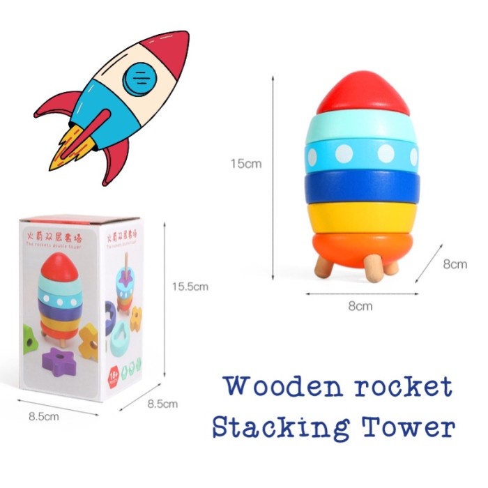

WOODEN ROCKET TOWER DOUBLE STACKING TOYS SHAPE SORTER