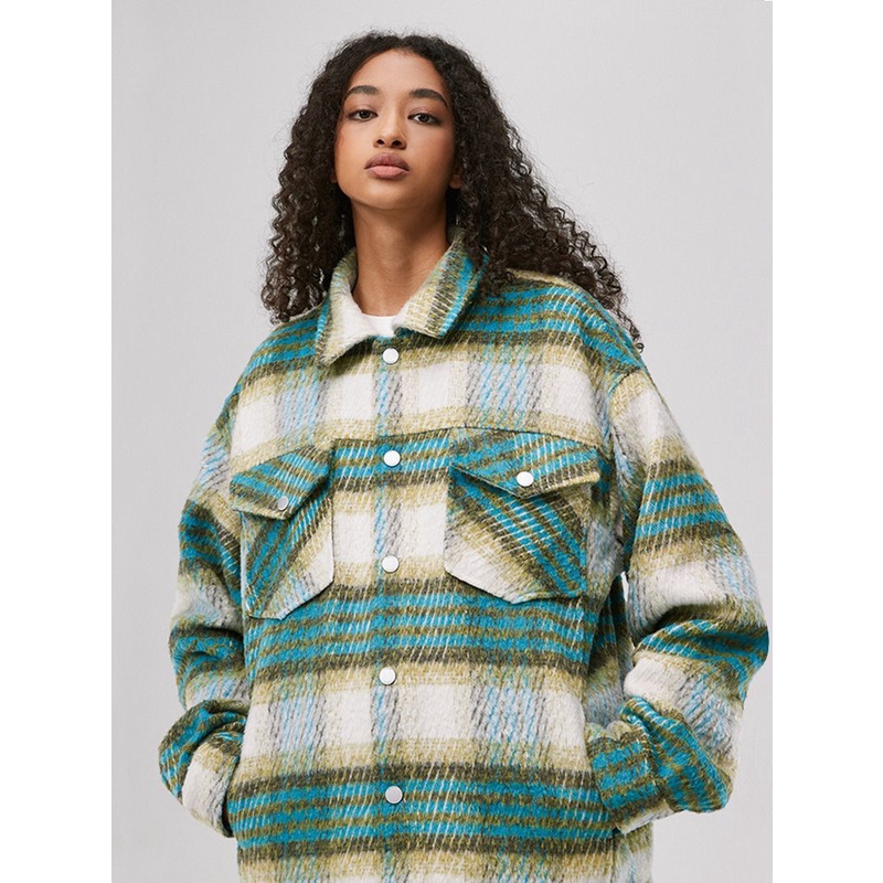 Hijau Wol Kotak-kotak Mantel Wanita Amerika Retro Rasa Longgar Jaket Cardigan Top