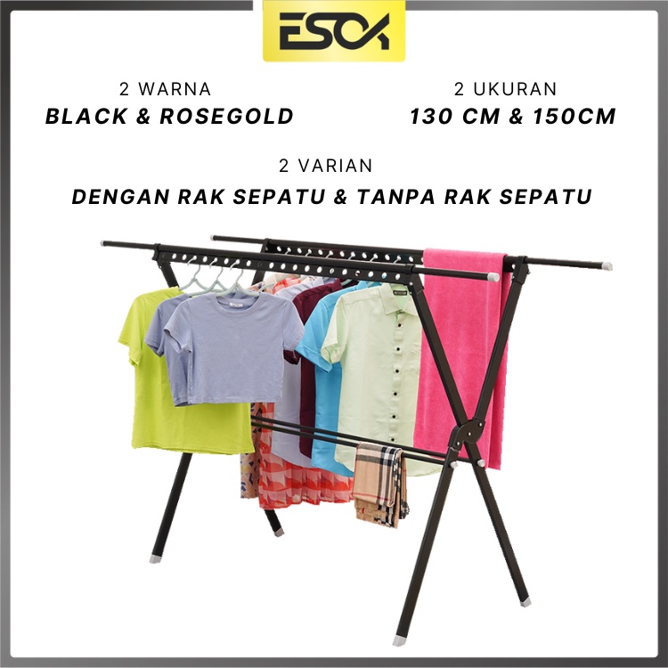 ESOK Jemuran Baju Lipat dengan Roda Rak Jemuran Pakaian Basah - Jemuran Baju Lipat Kekinian