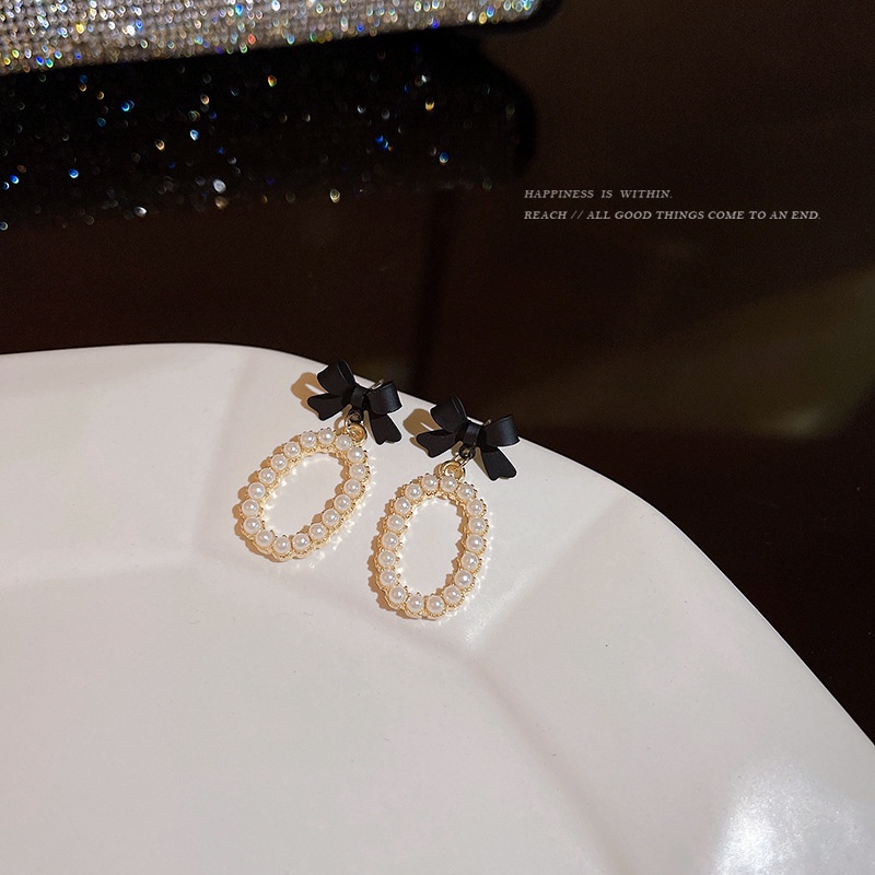 AY(CN) Fashion Anting Busur Hitam Anting Tusuk Mutiara Emas Drop Earring Untuk Aksesoris Perhiasan Wanita