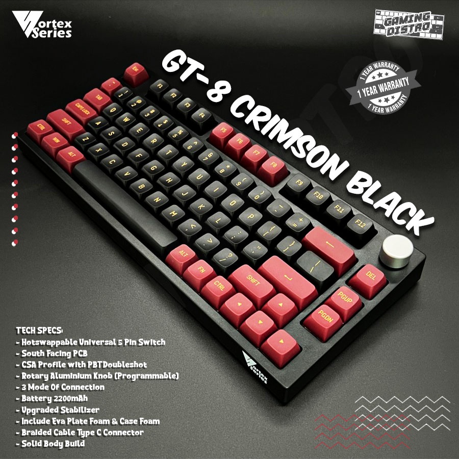 ortex Series GT-8 Crimson Black Hotswappable Switch South Facing Wireless Mechanical Keyboard