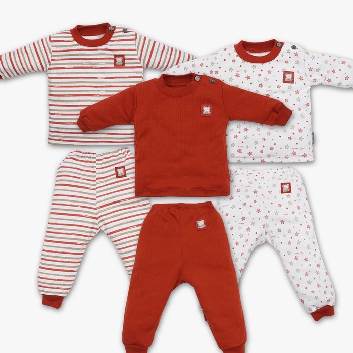 MOTIF BARU SETELAN PIYAMA ANAK FLUFFY STAR MERAH BAJU PENDEK BAJU PANJANG CELANA PENDEK CELANA PANJANG SETELAN KUTUNG 3PCS