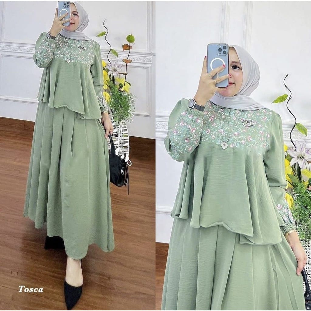 Setelan Wanita Jumbo Mozay Set Rok Setelan Wanita Kekinian Baju Muslim Wanita Bahan Crinkle AirFlow Aksen Bordir Bunga