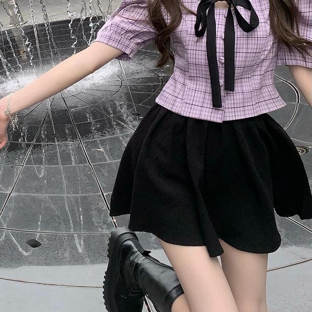 Suhao one-piece suit eye-catching~Purple plaid puff sleeve bowknot short shirt + slim A-line fluffy skirt