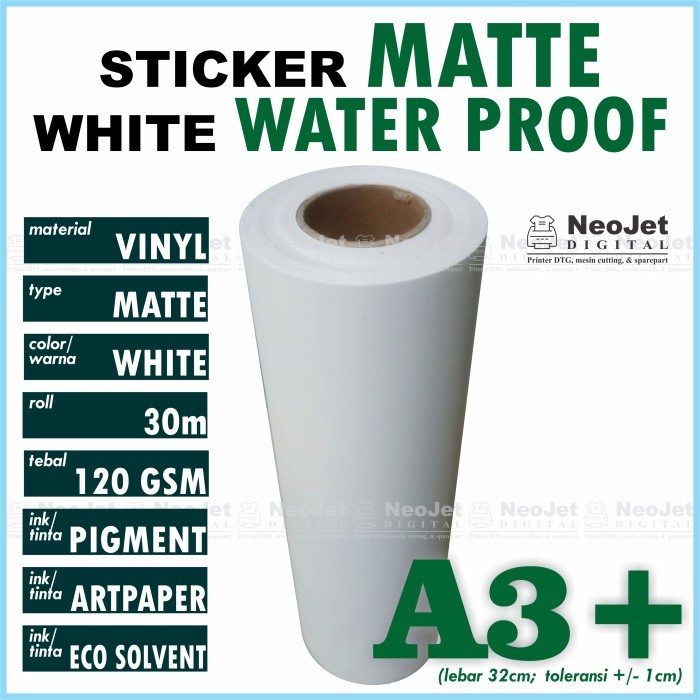 

Stiker Stiker Sticker Vinyl Matte Inkjet Water Proof Doff Doft Mate A3+ Putih