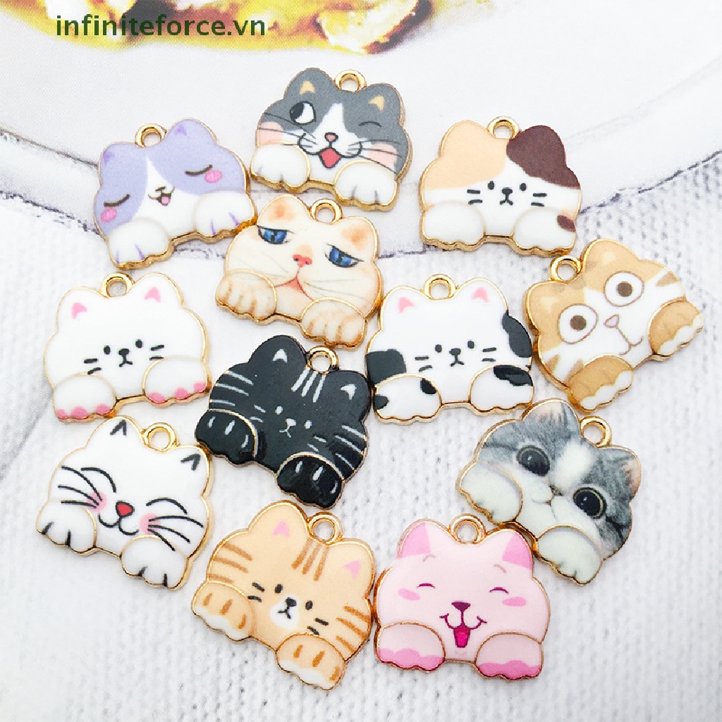 [INVN] 10 Pcs Lucu Kartun Multicolor Kucing Hewan Enamel Logam Ch Liontin DIY Membuat Perhiasan Gelang Kalung [VN]