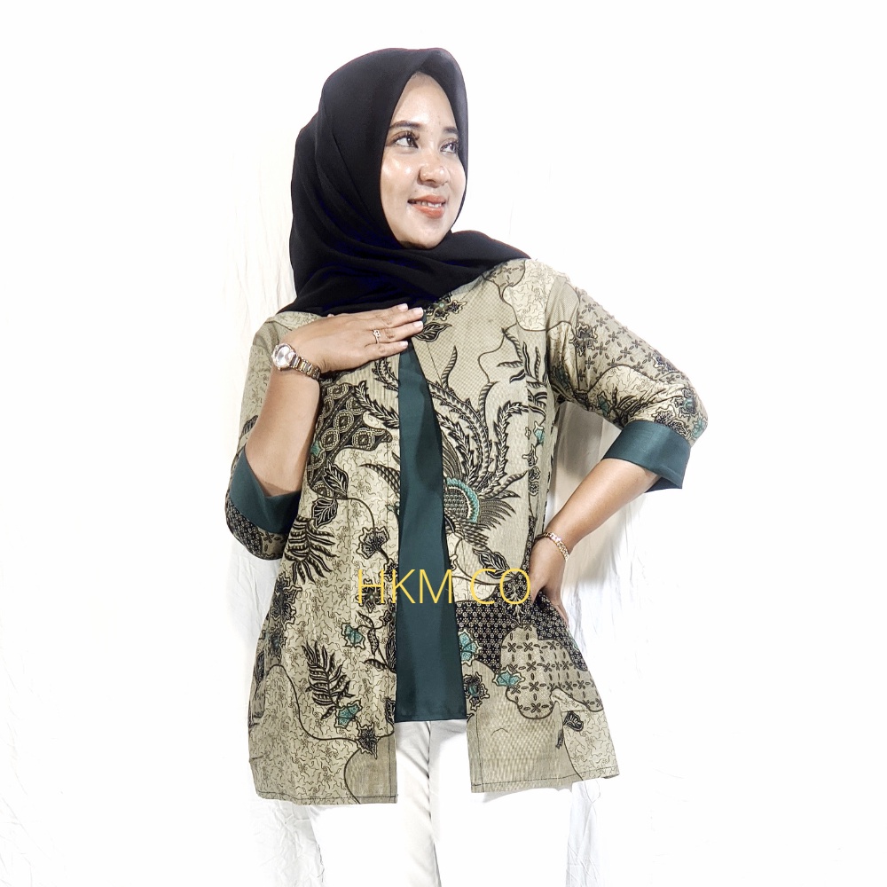 Blus Batik wanita Kantoran Modern Kombinasi Cantik bolero Vintage Lengan 3/4 Bahan Adem Halus HKMCO