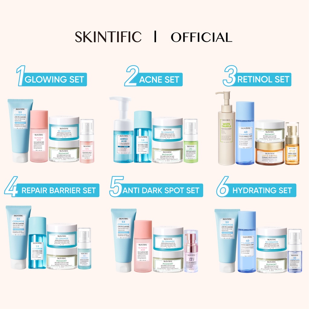 SKINTIFIC 5pcs Glowing Set & Anti Acne Set With Clay Mask- Moisturizer + Clay Mask + Serum+ Toner+ Cleanser: Face Wash / Acne Treatment / Brightening Whitening / Barrier Repair/utuk Cerahkan / Pelembab Wajah