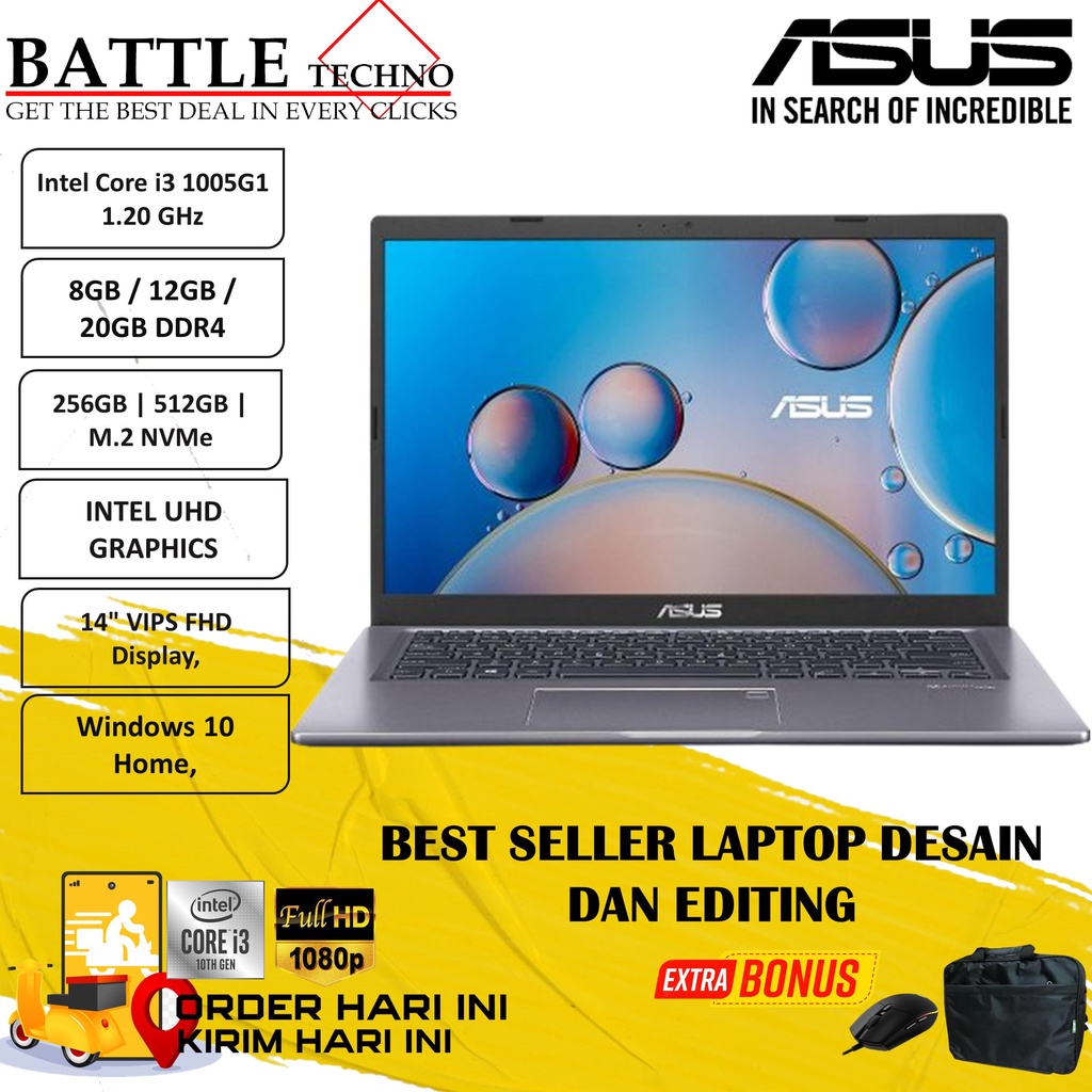 LAPTOP MURAH ASUS VIVOBOOK X415JA INTEL I3 1005G1 20GB 512GB 14 FHD FINGERPRINT WIN10HOME TERLARIS