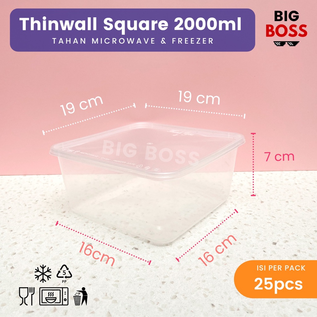 [ISI 25 PCS] Thinwall Bujur Sangkar 2000ml + Tutup Victory / Kotak Makan Plastik Square 2000ml / Kotak Plastik Slametan Hajatan