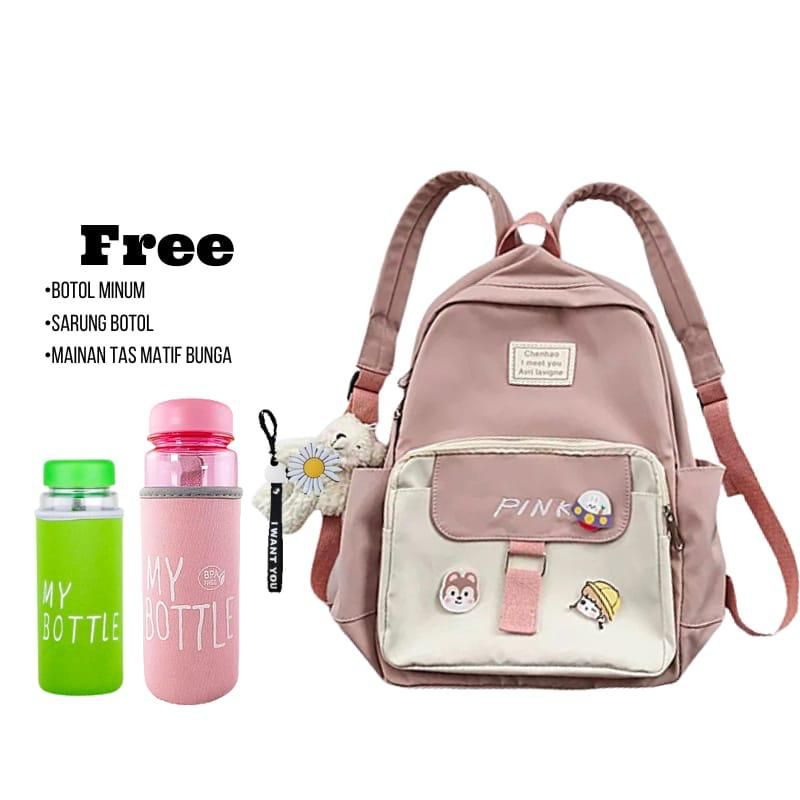 COD Tas Ransel Anak Fashion Ala Korea Motif Kartun Tas Sekolah 4 Warna Free Botol Minuml