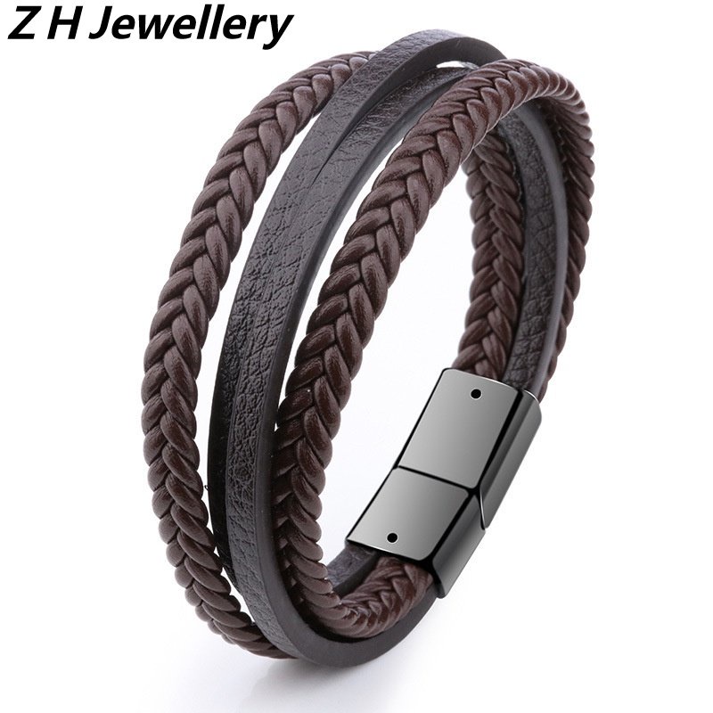 [Z H Perhiasan] Hip Hop Rock Retro Pria Fashion Stainless Steel Kulit Gelang Gelang Pesta Perhiasan Aksesoris