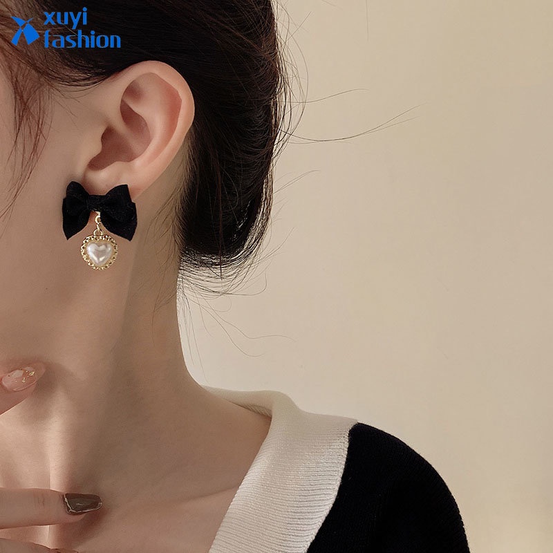 Anting Drop Mutiara Hati Mewah Anting Tusuk Bentuk Busur Warna Hitam Untuk Aksesoris Perhiasan Wanita