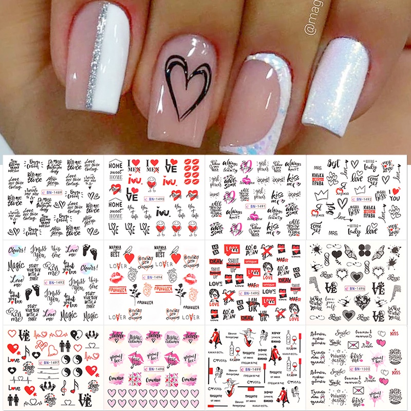 12desain Cinta Hati Air Decals Hari Valentine Kuku Air Decals Warna-Warni Tips Gradien Cinta Perancis Huruf Inggris Pola Bunga Bungkus Kuku Manicure Dekorasi DIY